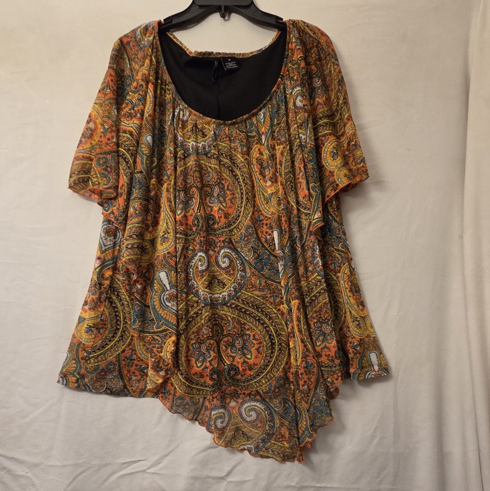 New Directions Women's 2X Boho Paisley Tunic Top Handkerchief Hem Multicolor Blo